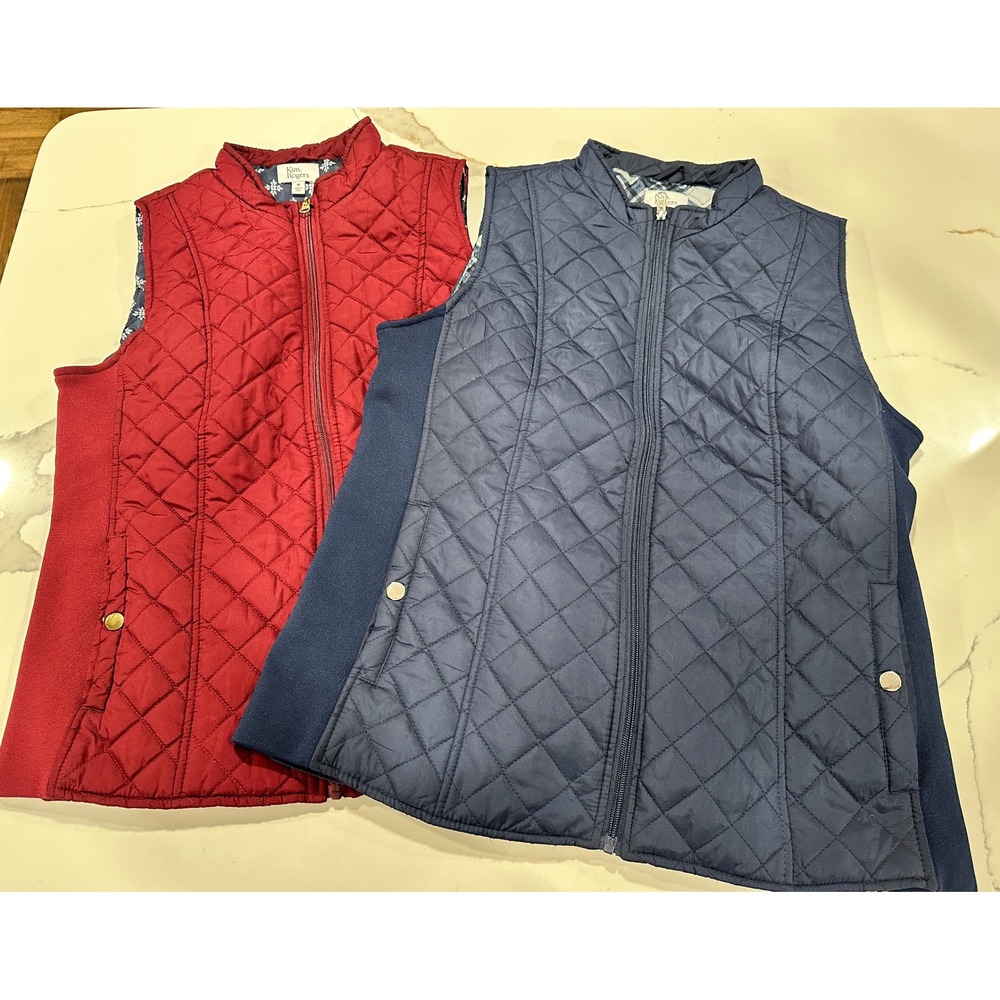 Kim Rogers Quilted Vest Women's Size Medium Navy Red Snap Pocket Cozy Outerwear